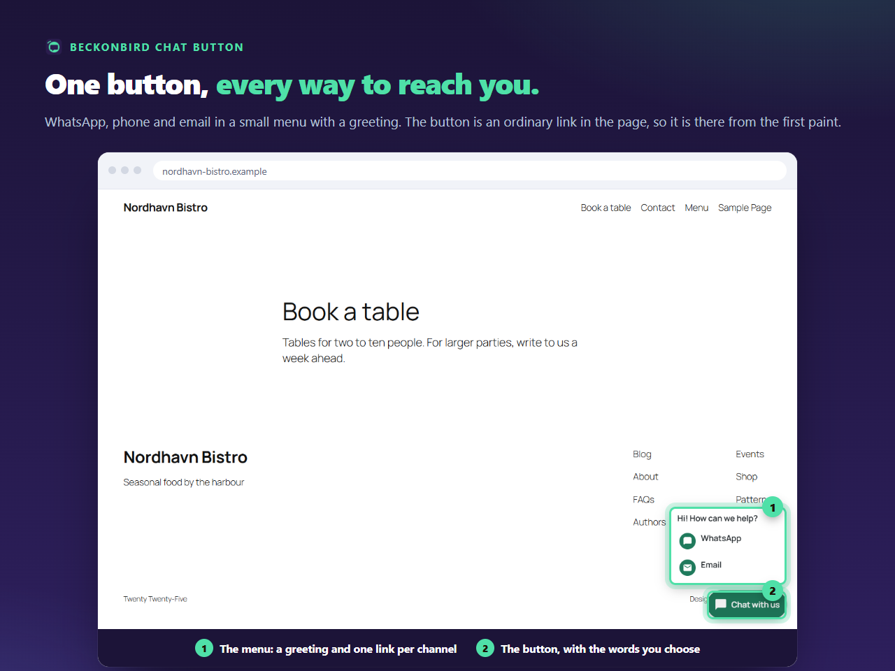 A restaurant site with the Beckonbird menu opened: a greeting, a WhatsApp line and an Email line.