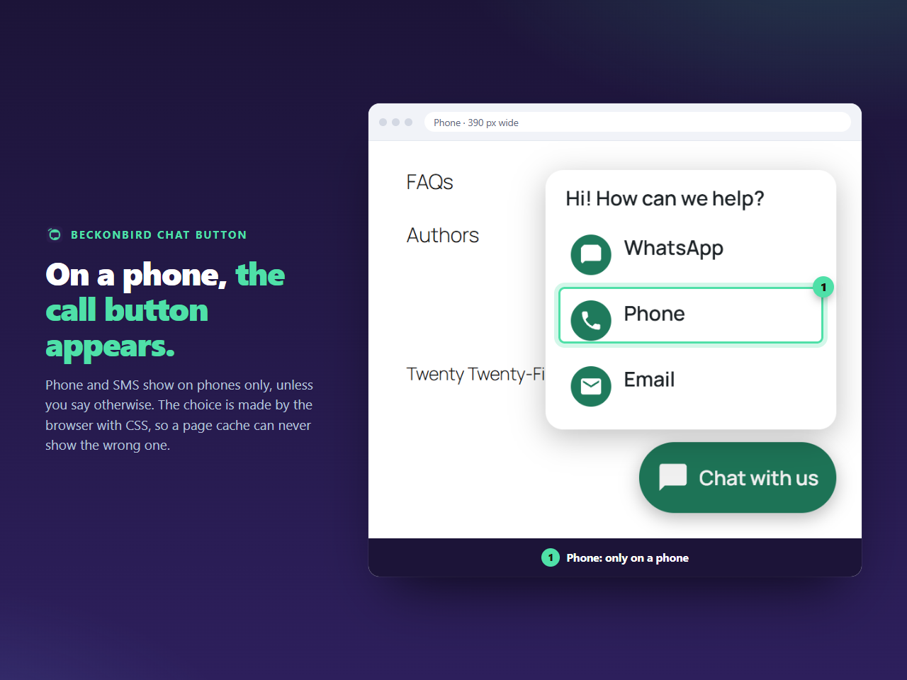 The button on a phone, opened: WhatsApp, Phone and Email, with the Phone line only drawn on phones.