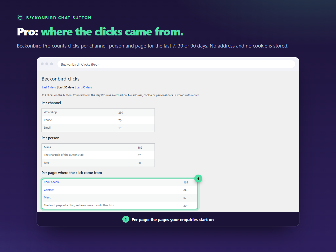 Beckonbird Pro, Clicks: clicks per channel, per person and per page for the last 30 days.